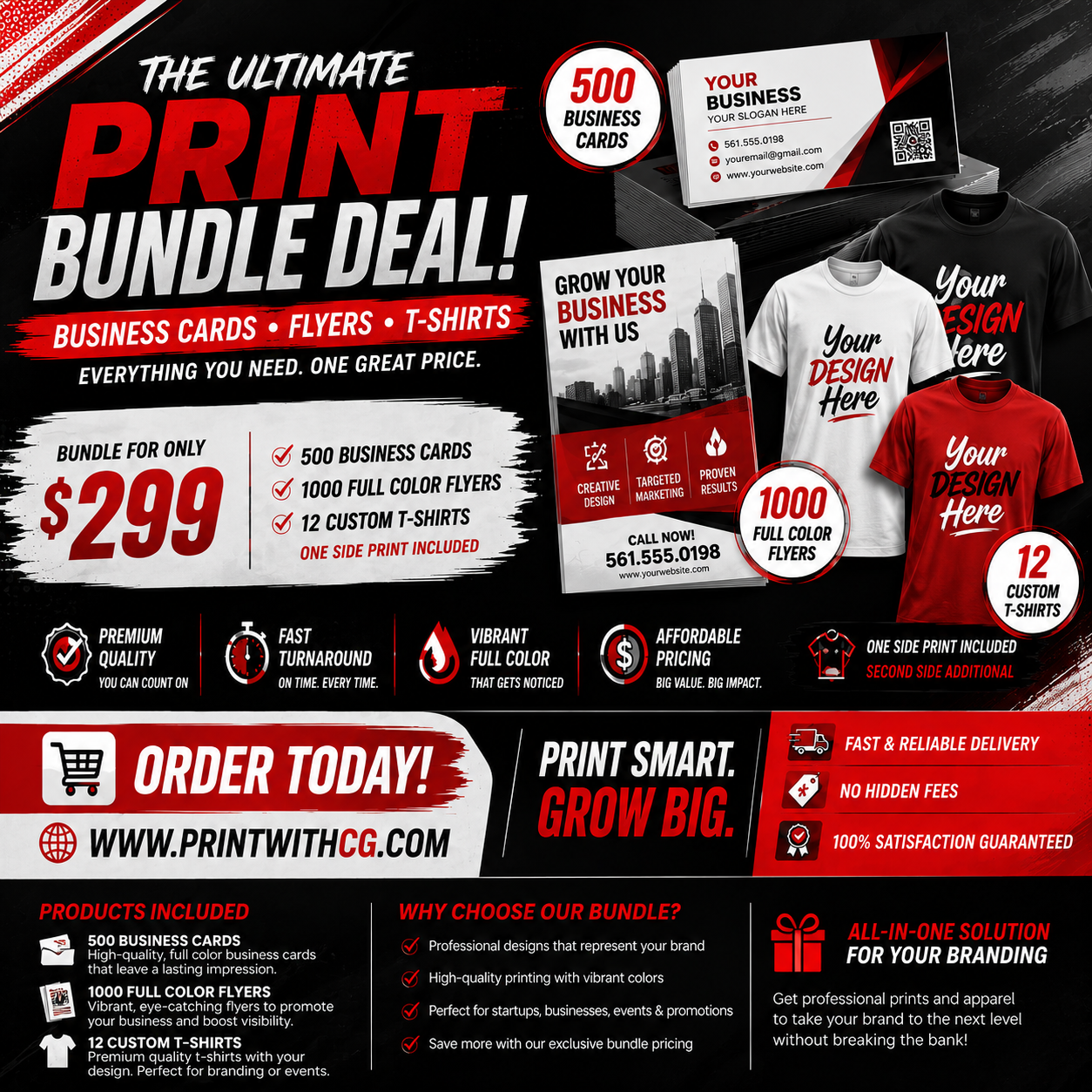 Ultimate Print Bundle – 500 Business Cards + 1,000 Full-Color Flyers + 12 Custom T-Shirts